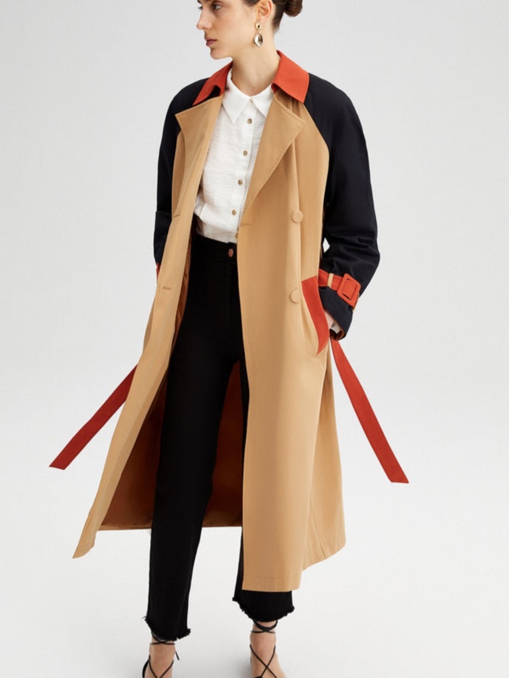 Touchè Colorblock Trench Coat in Camel, Black & Rust Women’s Size 42/US 10 - Picture 3 of 15